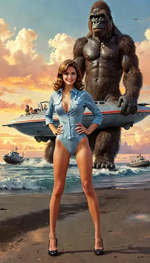 A stunning busty sexy 40-something actress smiling and portraying a groovy 1960s spy standing on the deck of an over-the-top gonzo 1960s retro-Atomic Age high-tech hovercraft while a giant gorilla rises from the ocean behind her, 1960s vibe, 1960s mod dress, 1960s styled hair, large breasts, full moist lips, big confident smile, looking at viewer, strong features, big luminous expressive eyes, strong eyebrows, long eyelashes, professional makeup and hair, spy headquarters in background, hyper realistic, natural skin with pores and blemishes, skindentation, incredibly detailed photo, but, clothes, clothes, braless, Wearing, clothes, that, make, sense, with, Braless>, <lora:MJ52:2>, <lora:add-detail-xl:2>, <lora:BUT_SDXL_SHS:.3>, <lora:bralessSDXL_v1_00022:1>