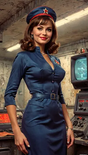 A stunning busty sexy 40-something Russian actress smiling and portraying a groovy 1960s spy standing in an over-the-top gonzo 1960s retro-Atomic Age high-tech secret Soviet base, (1960s Soviet Russian vibe), 1960s mod outfit, 1960s styled hair, large breasts, full moist lips, big confident smile, looking at viewer, strong features, big luminous expressive eyes, strong eyebrows, long eyelashes, professional makeup and hair, interesting Soviet base with Soviet symbols and Cyrillic characters in the background, hyper realistic, natural skin with pores and blemishes, skindentation, incredibly detailed photo, but, clothes, braless, Wearing, that, make, sense, with, Braless>, <lora:MJ52:2>, <lora:add-detail-xl:2>, <lora:BUT_SDXL_SHS:.3>, <lora:bralessSDXL_v1_00022:.6>