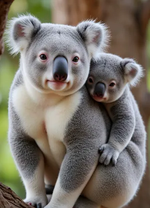 (photorealistic:1.2), image of a, (mother koala:1.1), with her, (small koala:1.2), on her back, (clinging to a tree branch:1.1), . The koalas have soft, thick grey fur and white chests. The small koala's face is visible over its mother's shoulder, both looking directly at the viewer with, (wide, curious eyes:1.1), and, (pink noses:1), . The lighting is soft and natural, highlighting the texture of their fur. The background is a soft, (out-of-focus bokeh blur), of green and brown tones, suggesting a natural habitat., (detailed fur:1.3), high detail, sharp focus, vibrant realistic colors, (professional photography:1.1), wildlife photography, soft natural lighting, volumetric lighting, depth of field