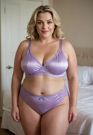 Lubica Stepaunt, a obese 55-year-old mature Eastern European woman with a full-figured BBW body and soft facial features. She stands in a softly lit bedroom wearing a light lavender satin lingerie set. The top is a sleeveless with a tailored fit and subtle sheen, paired with matching form fitting tailored satin shorts. Her blonde hair with silver streaks is styled in soft waves, and she wears a gentle open-mouth smile. Her captivating eyes gaze seductively at the camera, framed by thick expressive eyebrows. The lighting is a mix of warm lamplight and diffused daylight from a nearby window, highlighting the soft textures of her skin and fabric. The background includes a white door, a wall-mounted dildo, and neutral-toned walls. Photorealistic, realistic skin texture, ultra-detailed, Canon EOS 5D Mark IV, aperture f/8, ISO 100, natural lighting, depth of field, bokeh., bottomheavy, big, ass, huge, gigantic, thick, thighs, massive, <lora:bottomheavy_v1_sdxl_tags:.8>, <lora:278488_training_data:.8>