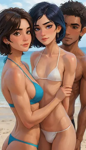 Andava, Andavaverse, The Group Take A Photo On The Beach.

ANGELIA PELO ROTH, Italian-Korean, petite woman, Height 5'3, A confident young woman with wavy shoulder-length hair dyed in rich two-tone purple with slight magenta-highlights, parted slightly to the side, bright_grey_eyes, wearing teal bikini, She has a toned body, small breasts, athletic midriff exposed. She accessorizes with a black choker around her neck, a thick black sweatband on one wrist, Her expression is confident and playful, slightly smug or teasing.The aesthetic is alt-girl, modern streetwear with punk/grunge influence.
And.
ALEXIS ROTH, Italian-Korean femboy, Height 5'5, A stylized anime-style featuring a feminine, androgynous anime character with bright_blue_eyes, black hair and a pink headband, wearing fashion white bikini, highly detailed, intricate, visible penis bulge, showing toned abs and a relaxed confident expression, coy smile, black nails, The character is muscular yet slender, flat chest, blending masculine and feminine features.
And.
JEREMY RAI, Afro-Indian Dougla male, Height 5'6, dark brown skinned male, Alexis friend and new friend in the group.A shy innocent boy. Mr Harpreet Sahota illegitimate son. Publically he embraces Alexis friendship. However, in secret he has the biggest penis in the whole school. recently Alexis turned their relationship sexual.This made Jeremy feel really confused, is he homosexual or bisexual.

perfect anatomy, best quality, 8k, insane details, intricate details, hyperdetailed, hyper quality, ultra detailed, professional, HDR, ray tracing reflection, cinematic lighting, highlydetailedbody, realisticface, highlydetailedhair, perfectfingers, insanelydetailed, 8K.highdetailedskin, highresolution, (j_cartoon:1.5), Drawing, Andi, uberfit, muscular, athletic, <lora:467443_training_data:1>, <lora:detailed_notrigger:2>, <lora:samdoesarts1.1-000030:.4>, <lora:J_cartoon:.3>, <lora:Animated_Concept:.4>