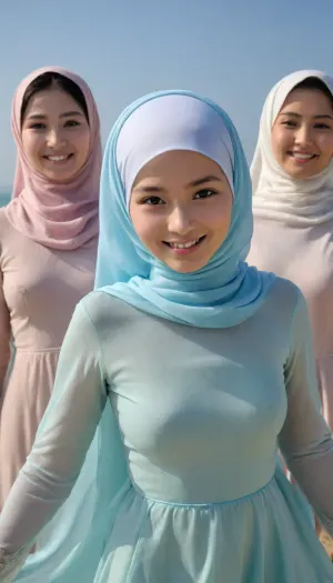 ultra high detailed photo, HD, 3girls, nude petite asian jilbab girls posing, extremely detailed face, happy face, innocent smile, seethrough body shillouette, thin fabric long dress, (undercap covering hair), (faded nipples poking), no_underwear, strong backlight, strong front shadow, dynamic pose, low angle, beach, clear blue sky, detailxl, <lora:CinematicStyle_v1:.8>