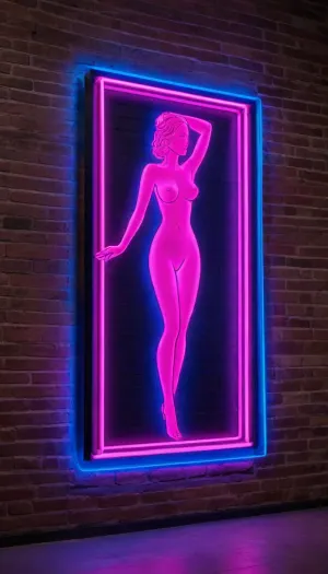 A neon sign featuring the outline of a full woman in bold pink lines. The sign is shaped like a rectangular frame with a blue border. The background is a dark brick wall. A modern and striking design. /#©KlTTY-ART/