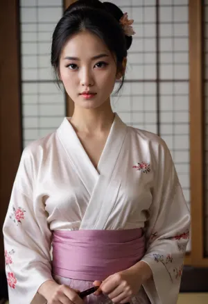 young beautiful slender Japanese girl 25 years old with medium breasts, wearing a kimono, top open, breasts exposed, bare breasts, standing, detailed breasts, looking at the viewer, silky black hair in a bun with chopsticks in the bun, demure, tack sharp, 4k, dslr