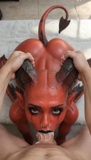 full body view, (focus on girl giving a blowjob, deep throat:1.6), (((pov hands, huge horns grab))), looking at the viewer, naked, (pointy ears, bald head), (red skin, huge wide webbed wings, ((skinny ass, scaly tail)), huge red eyes, (black smokey eye makeup is running:1.2), (black lipstick:1.5)), (oiled body:1.6), (cum spills from her mouth and nose:1.5), black lipstick mark on cock, Flame around background, five fingers, great angle of view, photo from below, (ultra-detailed skin, best quality, photorealistic, highres, ultra-detailed, HDR, bright sunlight), pov_deepthrt, deepthroating, a, man's, penis, blsdp, <lora:concept_pov_dt_xl2-000020:1.2>