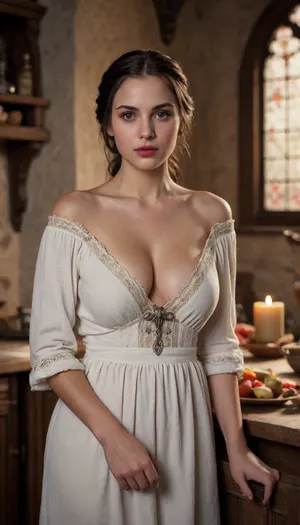 (masterpiece), (highest quality), (detailed eyes), (photorealistic), (realistic), 1 girl, 19 yo sexy Romanian woman, medium shot, standing in a middle age kitchen, looking at the viewer, black hair, braided hair, half-naked, (thin, simple white peasant nightshirt:1.1), (bare shoulders:1.2), (large heavy breasts almost exposed:1.3), after the vampire bite on her left breast, ancient Dracula castle, medieval setting, stone walls, (rich wooden coffin next to her:1), ((tapestry depicting a knight hanging behind her)), dark fantasy art, subtle contour lighting, soft light, volumetric lighting, natural light, warm tones, earthy colors, mood, subtle shadows, highly detailed skin, sharp focus, cinematic, 8k, (memorable eyes)