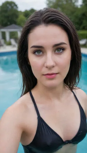 (((MarieHoffmannGermany Selfie:1.6))), ((((((real selfie:1.3)))))), 35 years, ((black round glasses)), Instagram Selfie, making Photo from herself, innocent-smirk, (slightly curvy), (jet black hair:1.2), medium dishorved hair with Streaks, Hair Parts goes into the face, streaks, Ponytail with streaks, perfect hot Body shape, hard nipples, Push Up, pressed togerher tits, perky tits, mommy, Stands in poolwater, namilia-full-bodysuit, glossy, braless, Wearing, clothes, that, make, sense, with, Braless>, pale, green, eyes, blue, brown, perfecteyes, Detailed, natural, skin, and, blemishes, without-makeup, acne, <lora:bralessSDXL_v1_00022:1>, <lora:Pale_Skin_SDXL_v1.0:1>, <lora:PerfectEyesXL:1>, <lora:1122530_training_data:1>, <lora:skin_4-000015:1>