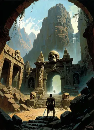 (Epic shot:1.2), of a lone warrior facing a colossal skull gate entrance carved into a mountain, ((skeletal details:1.3), dripping goo, weathered stone, ancient architecture, vines, roots, creepy, ominous), (fantasy art, dark fantasy:1.1), (highly detailed, intricate, gritty texture:1.2), volumetric lighting, dramatic shadows, muted dark colors, greens, browns, grays, desaturated, deep perspective, (digital painting, concept art by Frank Frazetta, Zdzisław Beksiński:1.3), grim, atmospheric, (masterpiece, best quality, ultra high resolution), sharp focus, professional artwork, award winning