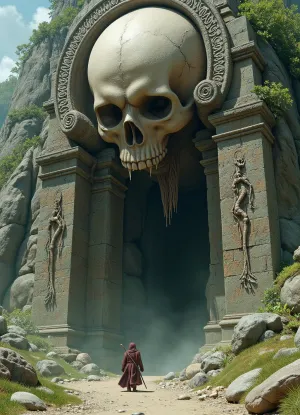 (Epic shot:1.2), of a lone warrior facing a colossal skull gate entrance carved into a mountain, ((skeletal details:1.3), dripping goo, weathered stone, ancient architecture, vines, roots, creepy, ominous), (fantasy art, dark fantasy:1.1), (highly detailed, intricate, gritty texture:1.2), volumetric lighting, dramatic shadows, muted dark colors, greens, browns, grays, desaturated, deep perspective, (digital painting, concept art by Frank Frazetta, Zdzisław Beksiński:1.3), grim, atmospheric, (masterpiece, best quality, ultra high resolution), sharp focus, professional artwork, award winning