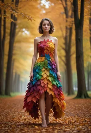 a woman, she is wearing a dress made of colorful leaves, full body view, /©KlTTY-ART/