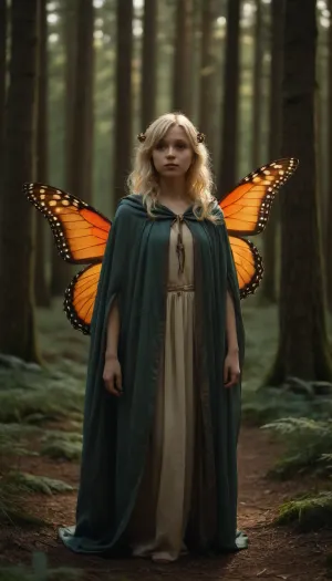 In the forest stands a tiny forest fairy, wearing a cloak and butterfly wings on her back, the fairy is blonde, she looks childish