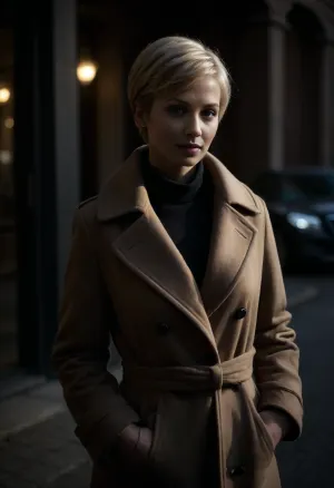 hyper photorealistic masterpiece, maximum quality, maximum details, maximum realism, russian milf, 40 years old, on street, in front of hotel entry, very short blonde pixie hair, long brown coat, black high heels, <lora:dark:.6>