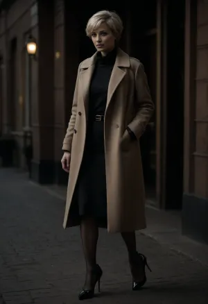hyper photorealistic masterpiece, maximum quality, maximum details, maximum realism, russian milf, 40 years old, on street, in front of hotel entry, very short blonde pixie hair, long brown coat, (black high heels), <lora:dark:.6>