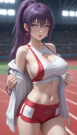 running track, (1girl), thin slim body, (huge tits:1.1), hard nipples, thin waist, (sparkling eyes:1.3), (glowing eyes:1.3), purple eyes, red lips, (very long ponytail:1.2), (saturated bright purple hair), (straight hair), (long straight bangs:1.1), (red BurumaShorts), (tight sexy mini shorts:1.3), (short white sporty top), (extremely tight top:1.4), cleavage, seducing, sexy, horny, teasing, undressing, sideboob, <lora:Jeweled eyes-NAI:1.5>, <lora:BurumaShortsXL:1>