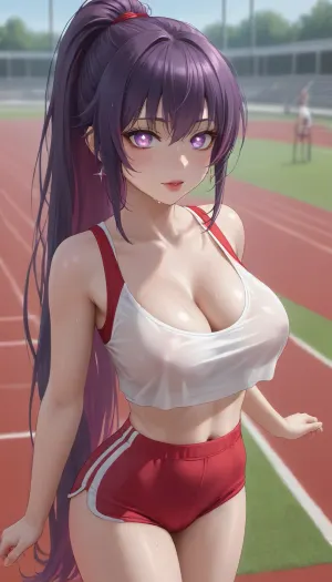 running track, (1girl), thin slim body, (huge tits:1.1), hard nipples, thin waist, (sparkling eyes:1.3), (glowing eyes:1.3), purple eyes, red lips, (very long ponytail:1.2), (saturated bright purple hair), (straight hair), (long straight bangs:1.1), (red BurumaShorts), (tight sexy mini shorts:1.3), (short white sporty top), (extremely tight top:1.4), wet top, cleavage, sexy, horny, sweating, sweaty skin, red face, <lora:Jeweled eyes-NAI:1.5>, <lora:BurumaShortsXL:1>, <lora:Yabuki Kentarou_XL_V2:2>