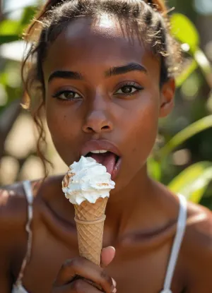 a 22 years old African model licks an ice cream cone lasciviously, highly detailed dark skinned face, (perfect tongue:1.2), (mega horny slut:1.5), (looking at viewer like she wants him:1.4), (incredibly sexy and lustful:1.5), (most beautiful sexy face:1.2), ((Rough charcoal sketch on white paper)), ((skinny figure:1.4)), ((naughty pose)), ((clean line art)), summer afternoon, warm sunlight, nature and plants in blurred background cinematic, ((glossy very deep seamless suntanned skin:1.5)), <lora:Midjourney Image Enhancer XL v1:.9>, <lora:style_lora_realis:.9>, <lora:Realistic_People_V1:.3>