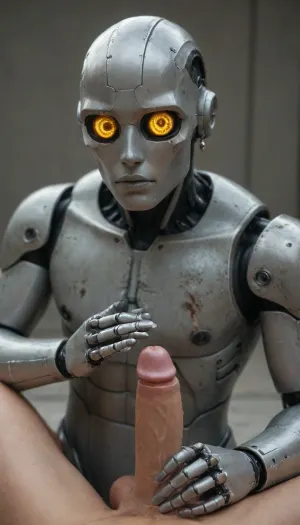 gay miniature robot made of steel in, (perfect penis design made of steel:1.8), (Two tiny hands on the sides:1.2), (perfect miniature fingers made of silicone:1.2), a rotating round steel robot head in the design of an penis glans with two eyes and sucking lips, The steel feet look like a scrotum, the robot's appearance is very cute., <lora:Simon_Stalenhag_LFTL_SDXL:.8>