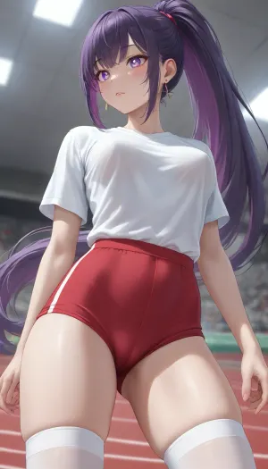 running track, (1girl), thin slim body, (huge tits), thin waist, (slim thighs:1.5), (sparkling eyes:1.3), (glowing eyes:1.2), purple eyes, (very long ponytail:1.1), (saturated bright purple hair), (straight hair), (long straight bangs), (red BurumaShorts:1.2), tight sexy mini shorts, white thigh-high socks, (tight white shirt), view from below, view from behind, <lora:Jeweled eyes-NAI:1.5>, <lora:BurumaShortsXL:.5>