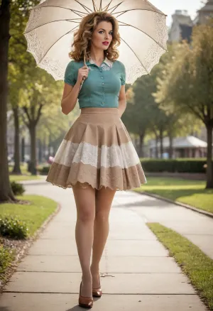 woman, 50s housewife, open eyes, long messy hair, (perfect ass), walking in the park, large breasts, sunny, sun umbrella, seductive, (messy hair), (side view), (detailed clothing of vintage dress), (detailed background), ((upskirt)), Ad Americana Style, vintage painted advertisement, retro 1950's style, (miniskirt with no panties:1.3), (lacy lightbrown stockings:1.3), high heels