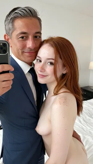 18 years old Mexican-american woman and her well dressed 50 years old husband, hugging taking a selfie, white and pale skin, naked, small areolas, slim nose, brown hair, small sagging breasts, embarrassed smile, round face, minimalist white luxury room, freckles, brown eyes, man is wearing a formal suit, molar on cheek, 3/4 body view, rhinoplasty, hyper realistic photo, full hd, 8K
