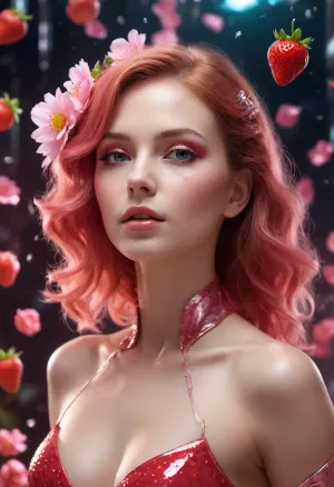 An immortal space beauty, a seductive woman, her look combines natural allure with advanced cybernetic elegance. She wears strawberry-colored cybernetic accessories that blend seamlessly with her body and glow softly. Technological flowers sprout and intertwine with her skin. Broken glass shards subtly reflect the light around her face. She is in a futuristic cosmic environment filled with strawberry flowers, floating in zero gravity, illuminated by a radiant, colorful palette of light. /©KlTTY-ART/
