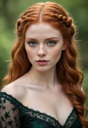 Stunning portrait of a beautiful redhead with intricate braided hair and mesmerizing green eyes. Her fair skin is adorned with delicate freckles, and she's wearing vintage-inspired jewelry and a lace-trimmed black dress. The soft, wavy hair cascades down her back, creating a romantic, ethereal vibe. classic beauty, fantasy allure, /©KlTTY-ART/