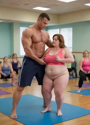 The very muscular man helps the thick plump momma out of her tight yoga uniform in the middle of class