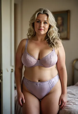 Lubica Stepaunt, a, (obese:1.5), 55-year-old mature Eastern European woman with a full-figured BBW body and soft facial features. She stands in a softly lit bedroom wearing a light lavender satin lingerie set. The top is a sleeveless with a tailored fit and subtle sheen, paired with matching form fitting tailored satin shorts. Her blonde hair with silver streaks is styled in soft waves, and she wears a gentle open-mouth smile. Her captivating eyes gaze seductively at the camera, framed by thick expressive eyebrows. The lighting is a mix of warm lamplight and diffused daylight from a nearby window, highlighting the soft textures of her skin and fabric. The background includes a white door, a wall-mounted dildo, and neutral-toned walls. Photorealistic, realistic skin texture, ultra-detailed, Canon EOS 5D Mark IV, aperture f/8, ISO 100, natural lighting, depth of field, bokeh., bottomheavy, big, ass, huge, gigantic, thick, thighs, massive, <lora:bottomheavy_v1_sdxl_tags:.8>, <lora:MJ52:.8>