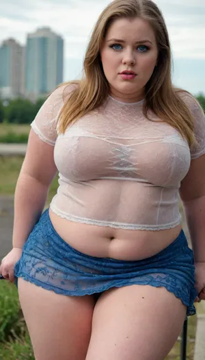 Huge chubby BBW that has blue eyes and huge tits and huge ass wearing mini skirt and loose sheer top.