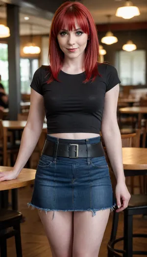 Photograph of a 42 year old standing in a restaurant, red hair, white skin, light skinned woman, pale skin, black eyes, round pretty face, extremely beautiful, japanese, goth, ghost white skin, nerd, fringe bangs, blunt bangs, very hair, wide open eyes, extremely beautiful face, full body view, full body view, denim skirt with black belt, black skirt, black tshirt with “CUNT”written on the front of it, sneakers, smiling, wasp waist, hdr, round hips, sexy waist, hourglass figure, curvy figure, super waist, perfect waist, extremely wide hips, thick thighs, high angle view, full portrait