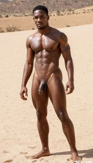 A professional full-length erotic photograph, (in the Met Art style:1.5), of a magnificent African American man, displaying the strength and charisma of the wild. His muscular body is decorated with patterns, his gaze is full of confidence and mystery. His large erect penis is ready for intercourse, the penis and scrotum look absolutely realistic, anatomically correct. He is located in a magnificent landscape, the African savannah, where he moves freely, like a true master of the wild. The image gives the spirit freedom and the primal power of amazing people! Photorealistic, Photo of the Year, Award-winning, hyper-detailed, cinematic, shot on Kodak Filmodak Portra 400, vintage photography, quality, piercing, hyper-detailed, <lora:add-detail-xl:.8>, perfection, style, <lora:perfection style v2d:.8>