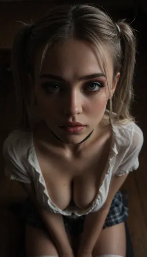 sitting at the classroom, (((18 years old))), (slutty school outfit), athletic body, hip gap, (front view from above:1.4), micro plaid skirt, white stripe thigh-high socks, (white color long high pigtails:1.3), 1girl, medium natural breast, blouse, (high detailed face:1.5), (accentuated cheekbones), thick_red_lips, (wide opened light blue_eyes:1.3), ((face close up)), (hanging cleavage:1.3), (seductive embarrassed face:1.3), (mouth opened), ((makeup:1.8)), black choker, (black background, chiaroscuro lighting:.5), <lora:sunnyrayyxo_v1_SDXLBase:.4>, <lora:dark:.4>