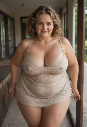 (obese:1.5), A beautiful 54-year-old mom in a short black cotton dress, downblouse, (short windblown hair), on a patio, standing. Her gaze is on the viewer. She is purposely showing cleavage. She has a mischievous smile. Bright green eyes, tanlines, lots of freckles, slender. Erect nipples under her dress, mature woman, high detail, masterpiece, long amber hair, bottomheavy, big, ass, huge, gigantic, thick, thighs, massive, <lora:bottomheavy_v1_sdxl_tags:.8>
