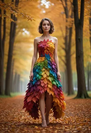 a woman, she is wearing a dress made of colorful leaves, full body view, /©KlTTY-ART/