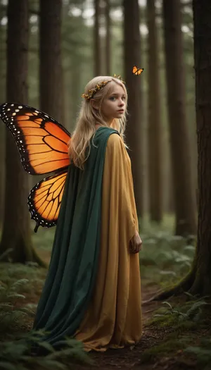 In the forest stands a tiny forest fairy, wearing a cloak and butterfly wings on her back, the fairy is blonde, she looks childish