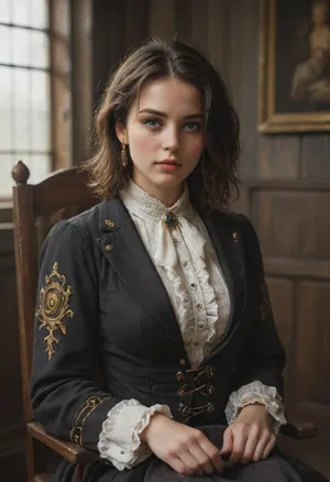 An empty chair on which sits a steampunk woman whose body consists of carefully cut-out silhouettes of emptiness, filled with the smoke of her own absence.