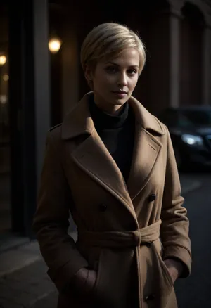 hyper photorealistic masterpiece, maximum quality, maximum details, maximum realism, russian milf, 40 years old, on street, in front of hotel entry, very short blonde pixie hair, long brown coat, black high heels, <lora:dark:.6>
