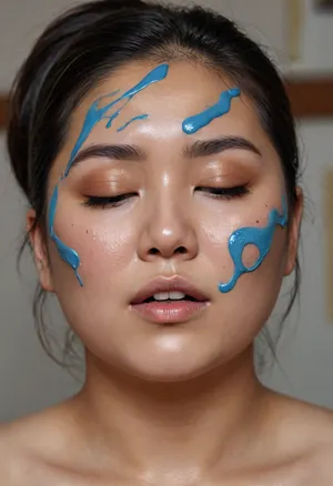 A stunning, chubby Asian model's face close up in front of the camera. The model looks into the camera. Paint is poured onto her head from above. Different colours. The paint flows over her hair and face onto her body. She closes her eyes when the paint flows over them. She enjoys it quietly. The background is a painter's studio., <lora:Chubby BBW - XL:.8>