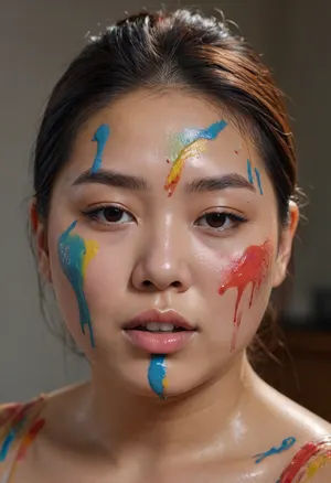 A stunning, chubby Asian model's face close up in front of the camera. The model looks into the camera. Paint is poured onto her head from above. Different colours. The paint flows over her hair and face onto her body. She closes her eyes when the paint flows over them. She enjoys it quietly. The background is a painter's studio., <lora:Chubby BBW - XL:.8>