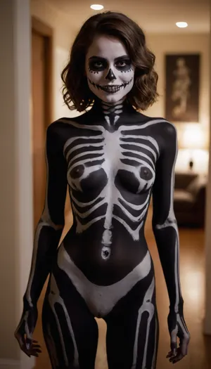 Sexy skeleton costume, gorgeous 20yo brunette russian woman with athletic build and perky boobs naked with black and white skeleton style bodypaint at a Halloween party, full body view, seduce smile, (short wavy hair), hairy pussy, no face paint