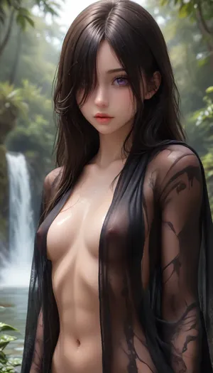 (upper body shot:1.2), (beautiful 24 year old woman rubbing body:1.4), (joyful facial expression:1.3), (tiny breasts:1.2), (nude:1.5), (long black hair over one eye:1.2), (straight long hair:1.3), (large volume of hair:1.3), (large lips:1.2), (black see-through shawl:1.5), (bright purple eyes:1.4), (big eyes), (athletic curvy body:1.4), (thick thighs:1.2), (wet), (bubble butt:1.1), by a waterfall in the Amazon Jungle, Rainbowiridal, rainbowiridal, palette, Shiny, Bright, Intense, gaze, Amber, woman, Genetically, modified..., <lora:Asian_Beauty XL:.6>, <lora:Midjourney Image Enhancer XL v1:.8>, <lora:HellJourney_XL_V1_universal:1.1>, <lora:405168_training_data:2>, <lora:Stunning_eyes_2:2>