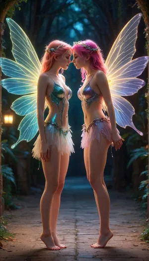 (fairy:1.3), (bug wings:1.2), beautiful young adult girl with glowing wings, turned on, best quality, ultra-detailed, masterpiece, finely detail, highres, 8k wallpaper, perfect body, beautiful legs, eye contact, full body, standing, messy neon colored hair, 2 women right vs left, bare feet, whole wings visible, kissing