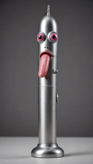 gay miniature robot in, (perfect penis design made of steel:1.8), Two tiny hands on the sides, perfect miniature fingers made of silicone, a rotating round steel robot head in the design of an penis glans with two eyes and sucking lips, <lora:Simon_Stalenhag_LFTL_SDXL:.8>