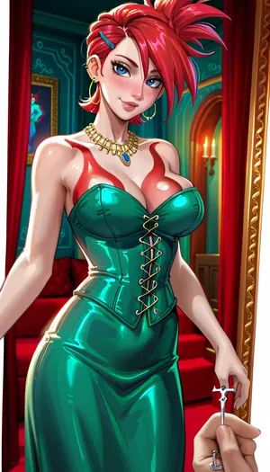 melkor mancin, tamada heijun art, strongbana art, dross art, aroma art, moisture art, reiq art, siroc art, red hair, (Frankie from fosters home for imaginary friends:1.2), green dress, POV photo of 30 years old woman, duchess, noblewoman, mature, beautiful, hair piled high in curls, baroque rococo beehive hairstyle, (((white powdered face))), porcelain skin, fit, toned, athletic, slim arms, skinny, busty, inside downton Abbey, shy smile, beautiful detailed eyes, depth blur, key visual, vibrant, highly detailed, early morning light, golden hour, (Sandro, Botticelli:.8), corset, gown, <lora:bombshell_v2:1.7>, <lora:7a8684c1-aa8f-4e58-ab05-2f1981c3998c.TA_trained:1.4>