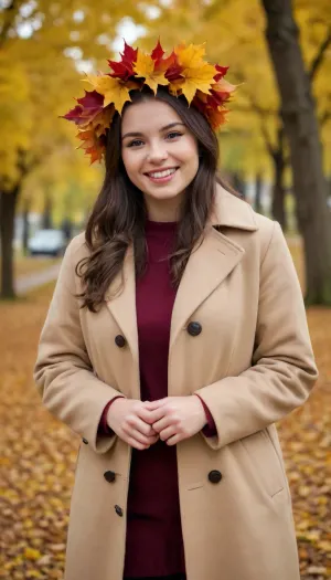 A captivating brunette just 18-year-old 4-feet-height well-built slightly plump woman, happily smiling, has a warm overcoat on, a maple autumn leaves wreath over head, in an autumn park