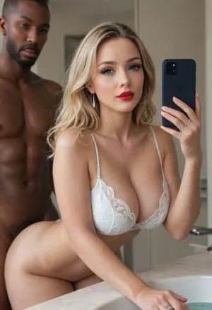 (Photorealistic masterpiece, best quality), Interracial couple fucking, (couple:1.6), ., 1woman, French, blonde hair, 40 years old, (beautiful:1.8), ((bright blue eyes)), ((wedding ring)), (curvy:1.7), (((fertile goddess))), (bubble butt), (wide hips), thick thighs, perfect heavy makeup, red lipstick, ((soft small B cup natural breasts)), (sexy lace bra), hedonistic expression of pure joy, bent over at the waist, resting her hands on the bathroom sink, looking at the viewer, (fucked from behind:1.6), by 1man, Black, (((male model))), big cock, muscular, grabbing her hair from behind., Bathroom setting, romantic and serene, ((close up)), side view, profile image, natural lighting, lit from the front, iPhone mirror selfie captured with a Leica M10, Leica Summilux 50mm f/1.4 lens, sharp focus, best shadow, score_9, score_8_up, 8K, UHD, clear image, extremely sharp, extremely detailed, extremely intricate detail, high res, ultra-high-definition, highly detailed, ultra-sharp textures, finely detailed, perfect skin texture, hyperrealistic lighting, professional photography, full dynamic range, deep contrast, high clarity, realistic depth of field, HDR, perfect exposure, smooth gradients, volumetric lighting, natural reflections, ultra-fine details, realistic skin pores, individual hair strands, bokeh, soft shadows, color-graded, iphone, mirror, selfie, holding, <lora:attractive_notrigger:1.5>, <lora:681678_training_data:.8>, <lora:phone_v01:.8>