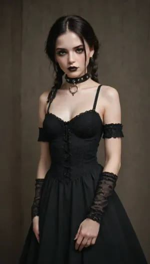 20 year old goth girl. black victorian dress, (pale skin:2), (long straight black hair), fit, thin, skinny, goth make up, black lipstick, (small breasts:.5), low cut, slave collar, alt, fashion, sweetegl, sweetop, swe3tjsk, bl0use, bustysophie, victorian, dress, <lora:alt_fashion_v2:1.5>, <lora:SweetLolitaXLv4.23:.8>, <lora:victorian_dress-XL-2.0:1.5>, <lora:Thigh_gap_SDXL:.8>