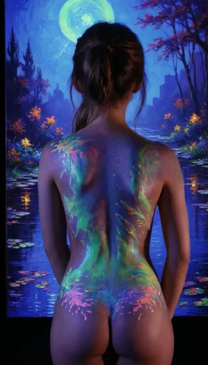 blacklight uv painted on the back of a girl depicting art in the style of monet, <lora:bl4ckl1ghtxl:.5>