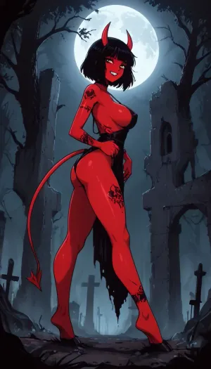 score_9, score_8_up, score_7_up, source furry, source_anime, markgavatino and innv style, gorgeous demon succubus woman, (nipple slip, bare breast, one breast exposed, perky nipples), Gothic latex outfit, tattoos, legs crossed, (ass back, bent forward), side view, low angle, (petite woman, big breasts, narrow waist, athletic body, hooves, Devil's tail), (female with red skin), white horns, bared her fangs in a grin, sharp teeth, long sharp claws, abandoned graveyard, old vines, dead trees, night, huge moon, volumetric fog, candles, cute, doodle, ratatatat74, lineart, line, art, flat, colors, color, <lora:cutedoodle_XL-000012:.8>, <lora:ratatatat74-000050:.8>, <lora:NEOTOKIOXL_0.2_RC:.8>, <lora:outline_xl_kohaku_delta_spv5x:.8>, <lora:lineartSDXL:.8>