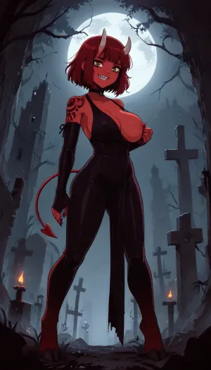 score_9, score_8_up, score_7_up, source furry, source_anime, markgavatino and innv style, gorgeous demon succubus woman, (nipple slip, bare breast, one breast exposed, perky nipples), Gothic latex outfit, tattoos, knees together, (ass back, bent forward), side view, low angle, (petite woman, big breasts, narrow waist, athletic body, hooves, Devil's tail), (female with red skin), white horns, bared her fangs in a grin, sharp teeth, long sharp claws, abandoned graveyard, old vines, dead trees, night, huge moon, volumetric fog, candles, cute, doodle, ratatatat74, lineart, line, art, flat, colors, color, <lora:cutedoodle_XL-000012:.8>, <lora:ratatatat74-000050:.8>, <lora:NEOTOKIOXL_0.2_RC:.8>, <lora:outline_xl_kohaku_delta_spv5x:.8>, <lora:lineartSDXL:.8>